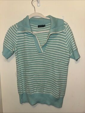 Vineyard Vines Womens Mint and White Striped Knit Polo Sweater